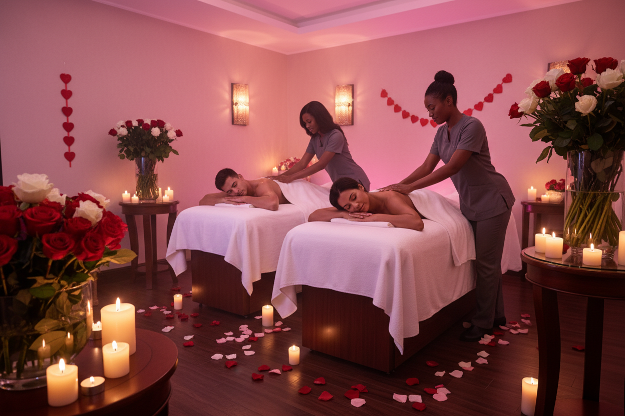 valentines decorated room for couples massage. Two black girls giving a man and a woman massage